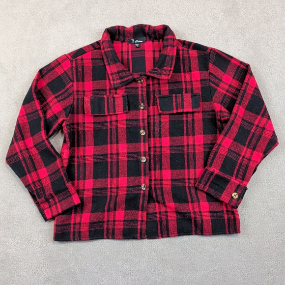 Rainbow Grunge Buffalo Plaid Shacket Medium Red Black Button Up Shirt Jacket — photo 2